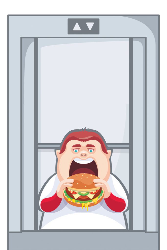 illustration of guy eating a burger stuck in an elevator
